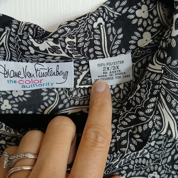 Diane Von Furstenberg Black White Paisley Sheer Long Sleeve Button Up 2x/3x - Picture 3 of 6